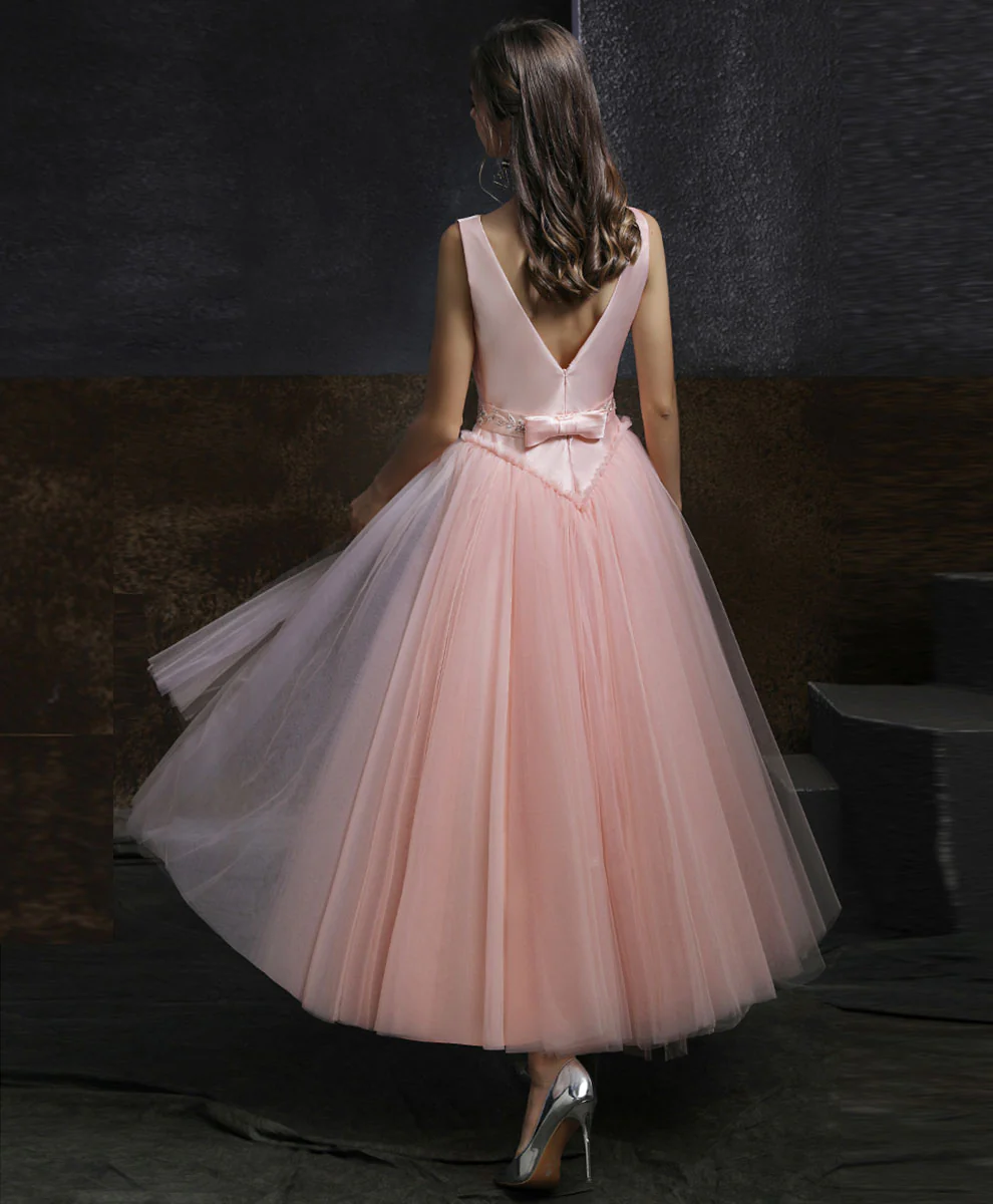 Aline Round Neck Tulle Short Pink Prom Dress, Aline Pink Tulle Bridesmaid Dress - Deanwangkt
