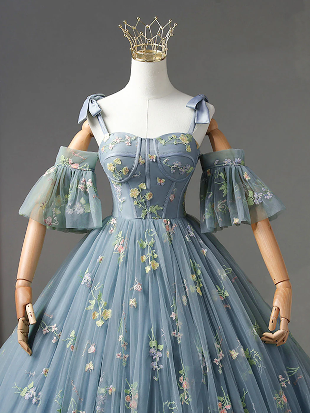 A-Line Sweetheart Neck Lace Gray Blue Long Prom Dress, Gray Blue Sweet 16 Dress - Deanwangkt