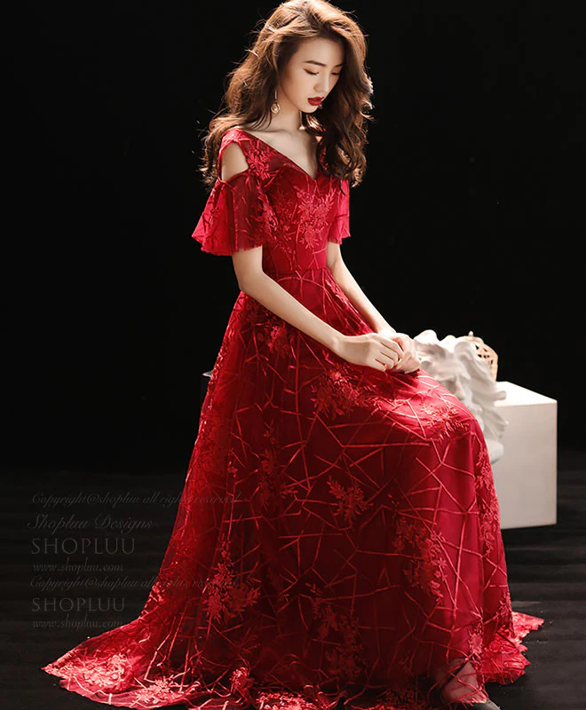 Burgundy V Neck Lace Long Prom Dress, Burgundy Evening Dress - Deanwangkt