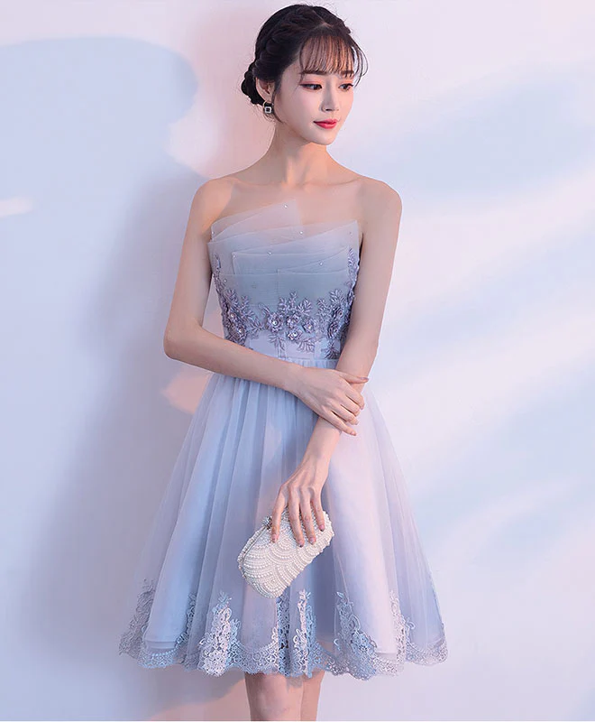Gray Tulle Lace Applique Short Prom Dress, Gray Homecoming Dress - Deanwangkt