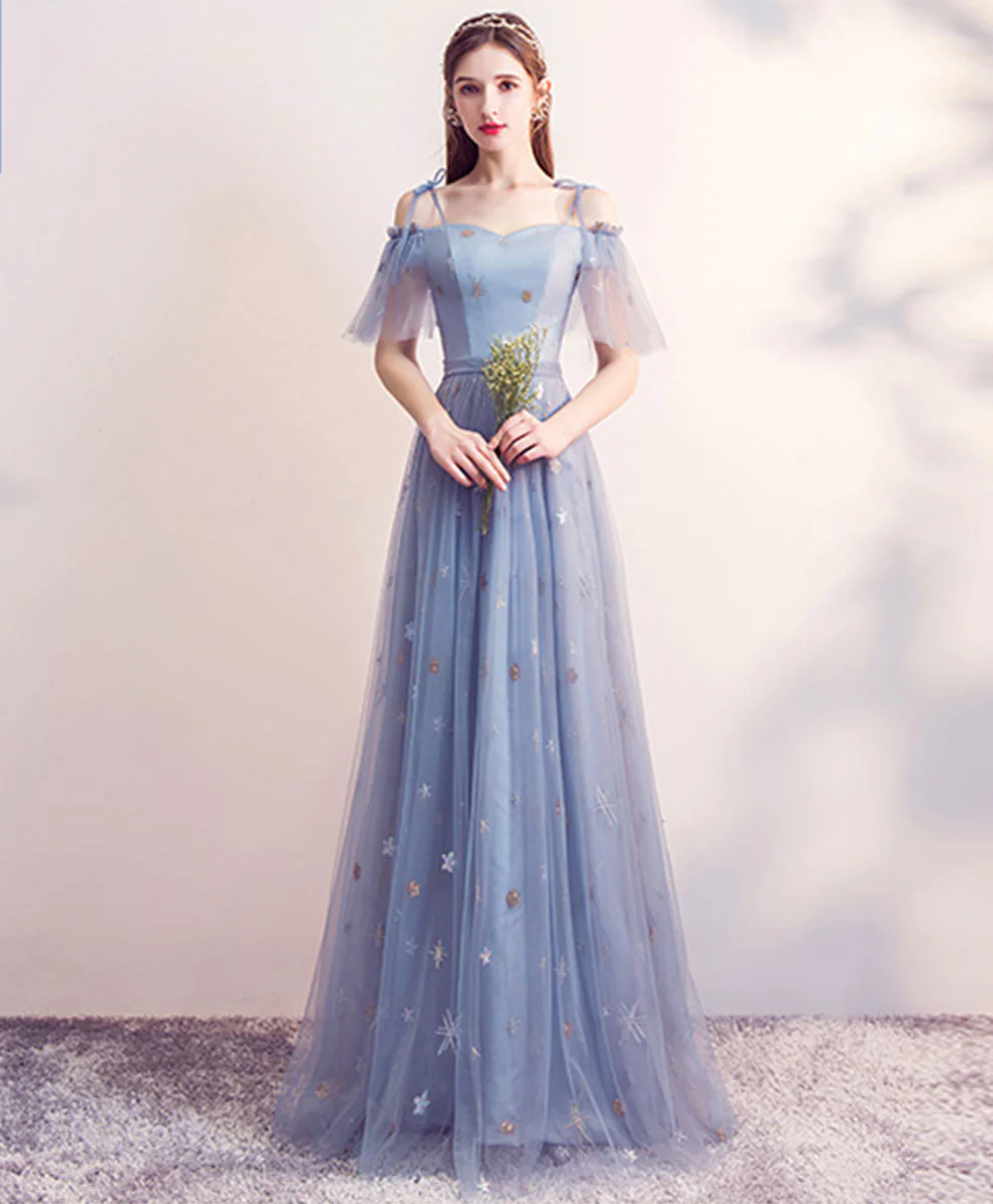 Blue Tulle Long Prom Dress, Blue Aline Bridesmaid Dress - Deanwangkt
