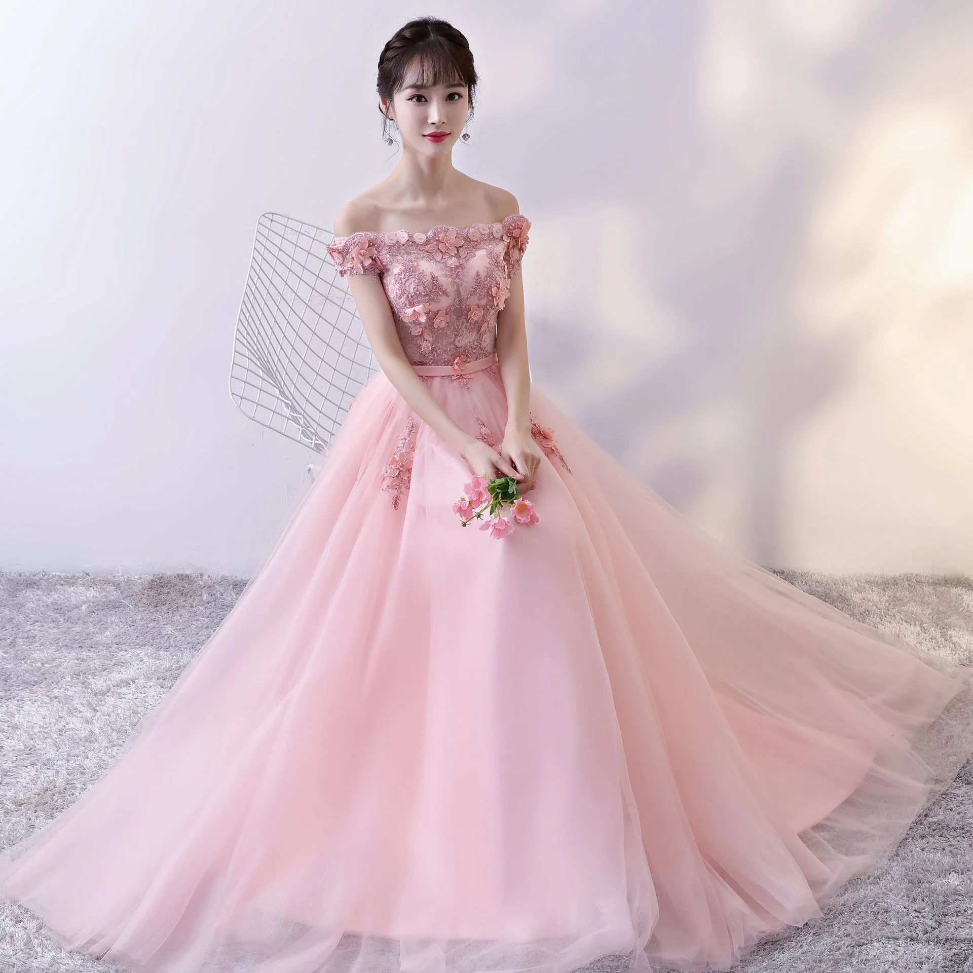 Pink Tulle Lace Long Prom Dress, Lace Evening Dress - Deanwangkt