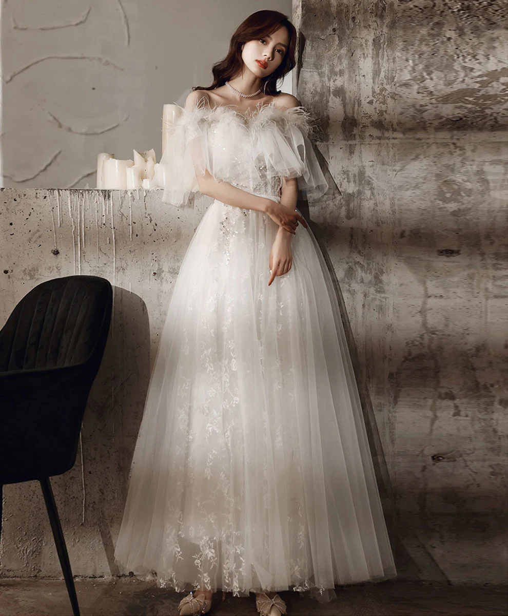White Sweetheart Tulle Long Prom Dress, White Lace Long Graduation Dress - Deanwangkt