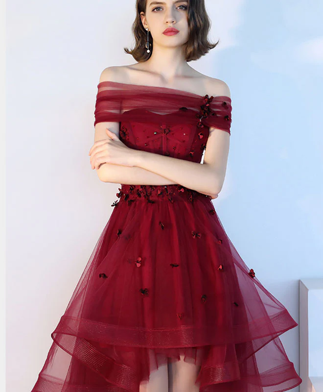 Burgundy Tulle Lace Short Prom Dress, Burgundy Tulle Evening Dress - Deanwangkt