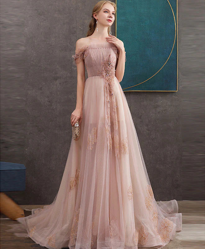 Pink Tulle Lace Long Prom Dress Pink Lace Evening Dress - Deanwangkt