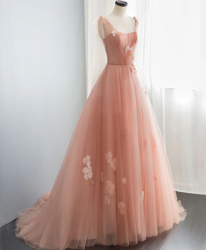 Pink V Neck Tulle Long Prom Dress, Tulle Pink Evening Dress - Deanwangkt