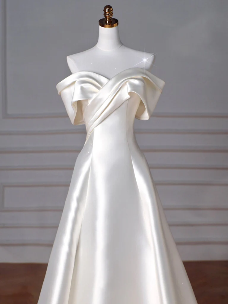 A-Line Off Shoulder Satin Beige Long Prom Dress, Beige Long Formal Dress - Deanwangkt
