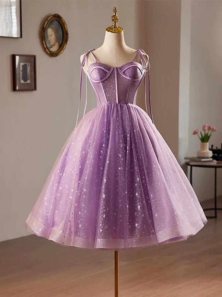 A-Line Sweetheart Neck Tulle Lace Short Purple Prom Dress, Purple Homecoming Dress - Deanwangkt