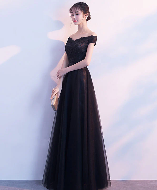 Black Lace Tulle Long Prom Dress, Lace Evening Dress - Deanwangkt