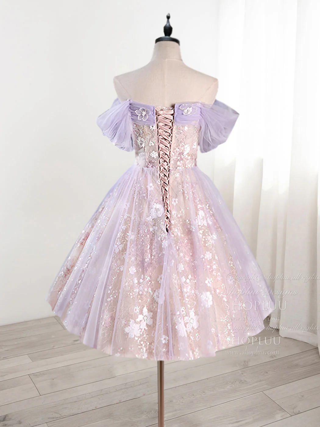 A-Line Off Shoulder Tulle Lace Purple Short Prom Dress, Cute Purple Homecoming Dress - Deanwangkt