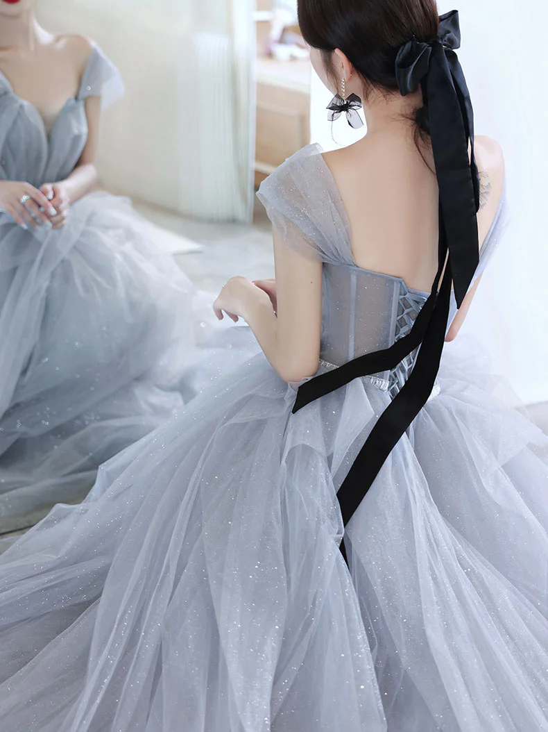 Gray Tulle Off Shoulder Long Prom Dress, Gray Tulle Formal Dress - Deanwangkt