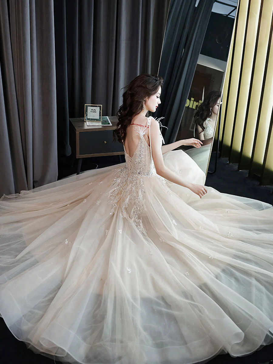 Champagne V Neck Tulle Sequin Lace Long Prom Dress, Champagne Evening Dress - Deanwangkt