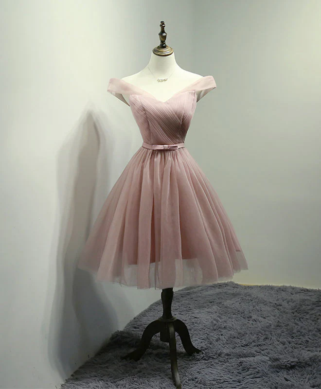 Simple V Neck Tulle Off Shoulder Short Prom Dress Pink Homecoming Dress - Deanwangkt