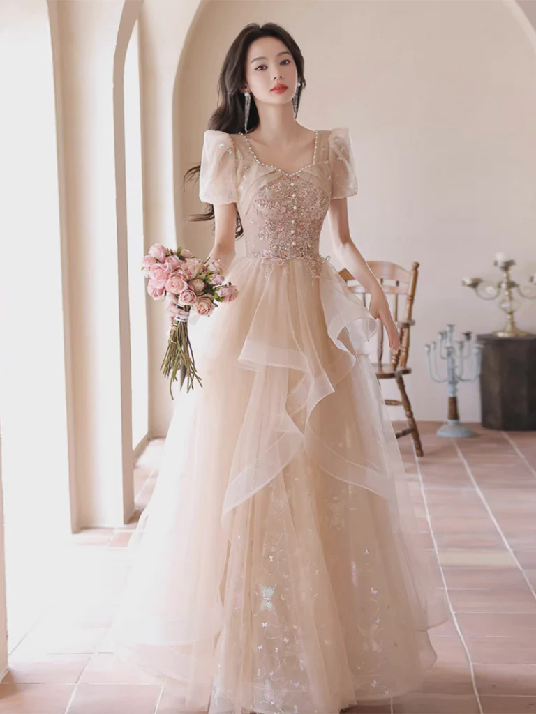 A-Line Champagne Tulle Sequin Long Prom Dress, Champagne Formal Dress - Deanwangkt