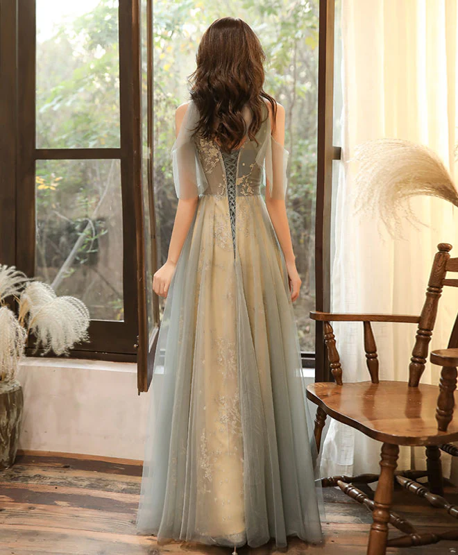 Green Tulle Hight Neck Tulle Lace Long Prom Dress Tulle Formal Dress - Deanwangkt
