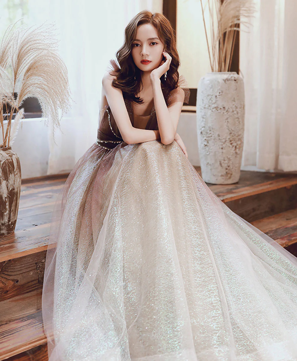 Cute A-Line Tulle Sequin Long Prom Dress Tulle Formal Dress - Deanwangkt