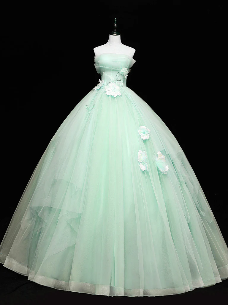 Green Tulle Lace Applique Long Prom Dresses, Green Sweet 16 Dresses - Deanwangkt