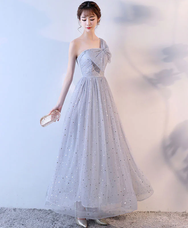 Cute Gray One Shoulder Long Prom Dress, Evening Dress - Deanwangkt