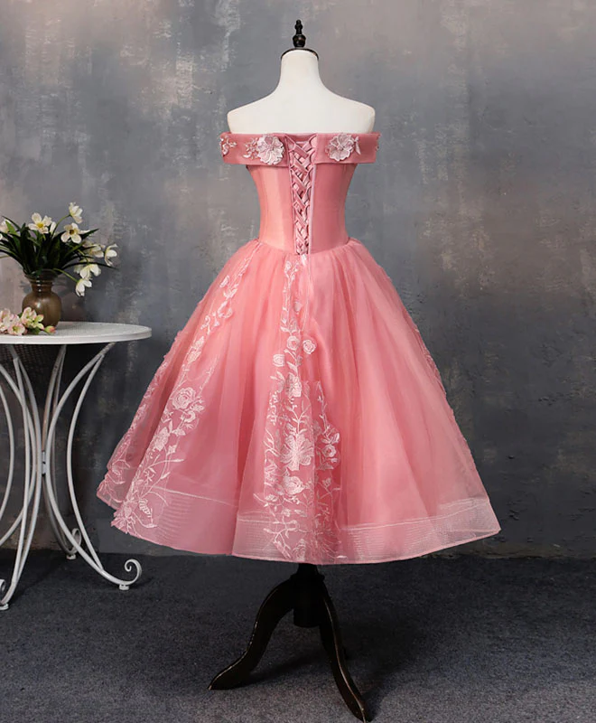Pink Tulle Lace Off Shoulder Short Prom Dress Pink Homecoming Dress - Deanwangkt