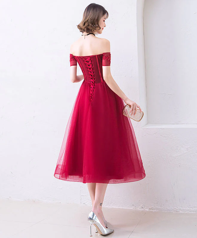 Cute Burgundy Off Shoulder Short Prom Dress, Evening Dress - Deanwangkt