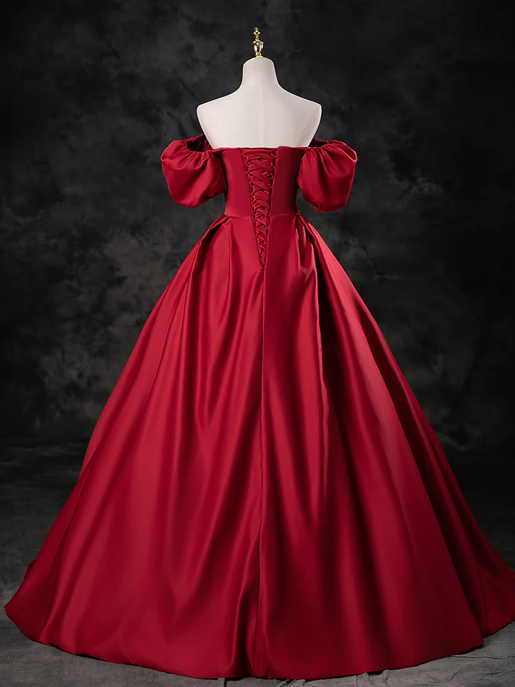 A-Line Burgundy Satin Long Prom Dress, Burgundy Long Evening Dress - Deanwangkt
