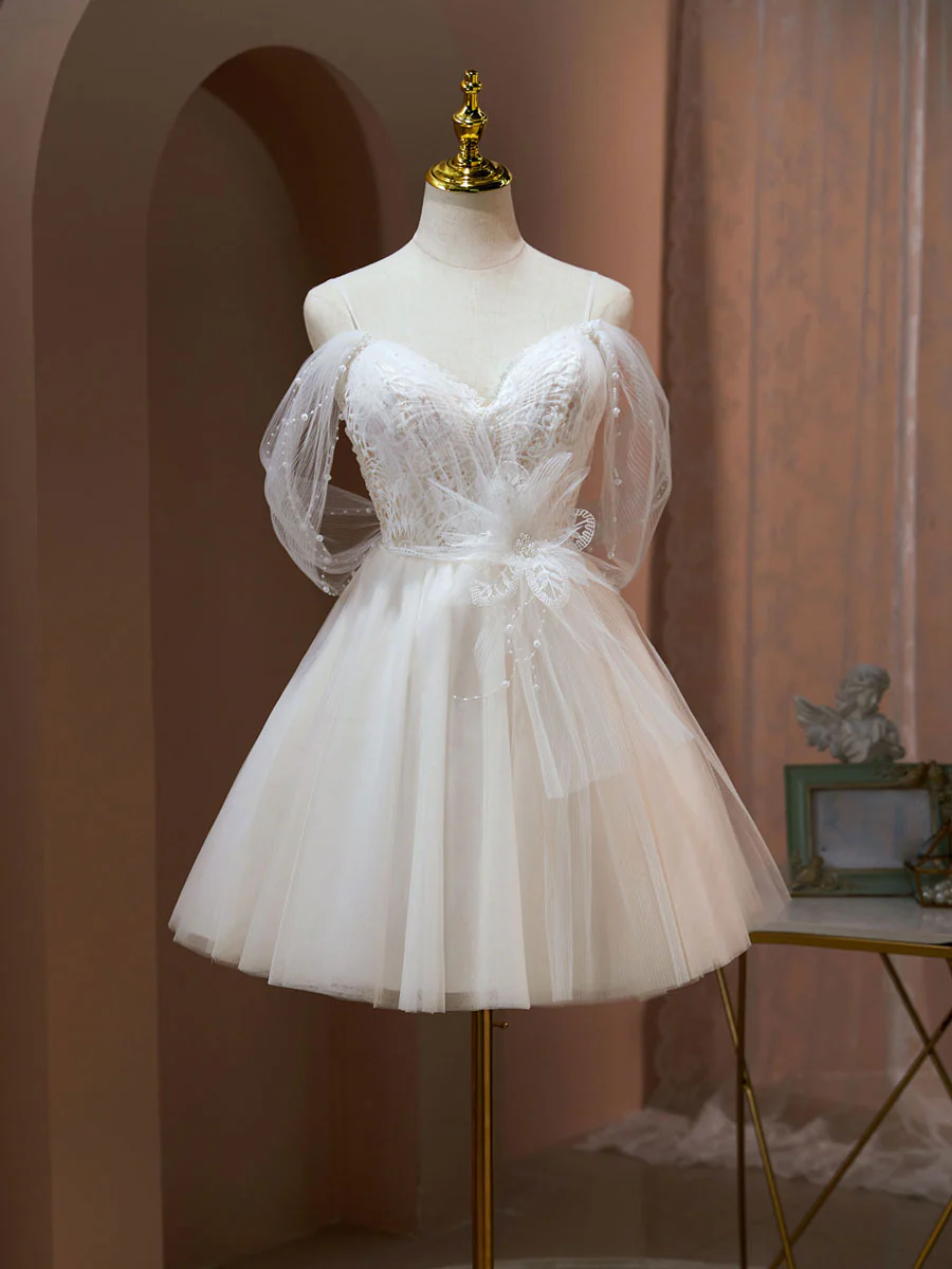 A Line Sweetheart Neck Tulle Lace Beige Short Prom Dress,  Puffy Cute Homecoming Dress - Deanwangkt