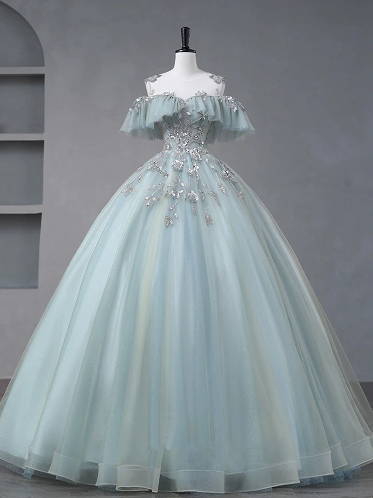 A-Line Blue Tulle sequin Lace Long Prom Dress, Blue Lace Sweet 16 Dress - Deanwangkt