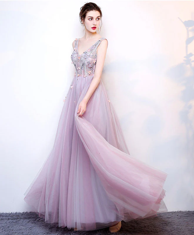 A Line V Neck Lace Tulle Long Prom Dress, Lace Evening Dress - Deanwangkt
