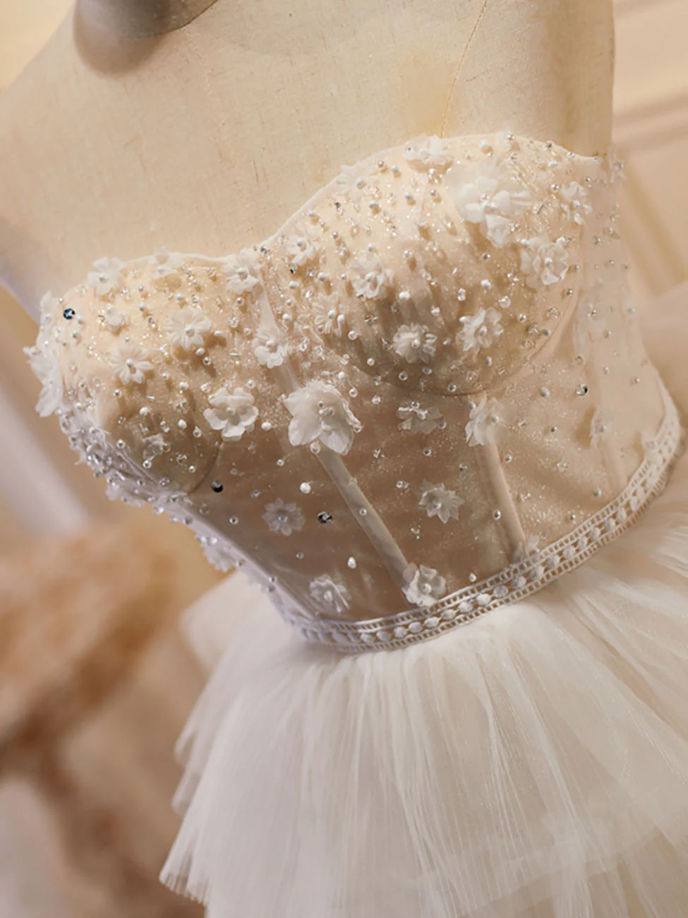 Beige Sweetheart Neck Tulle Puffy Short Prom Dress, Beige Homecoming Dress - Deanwangkt