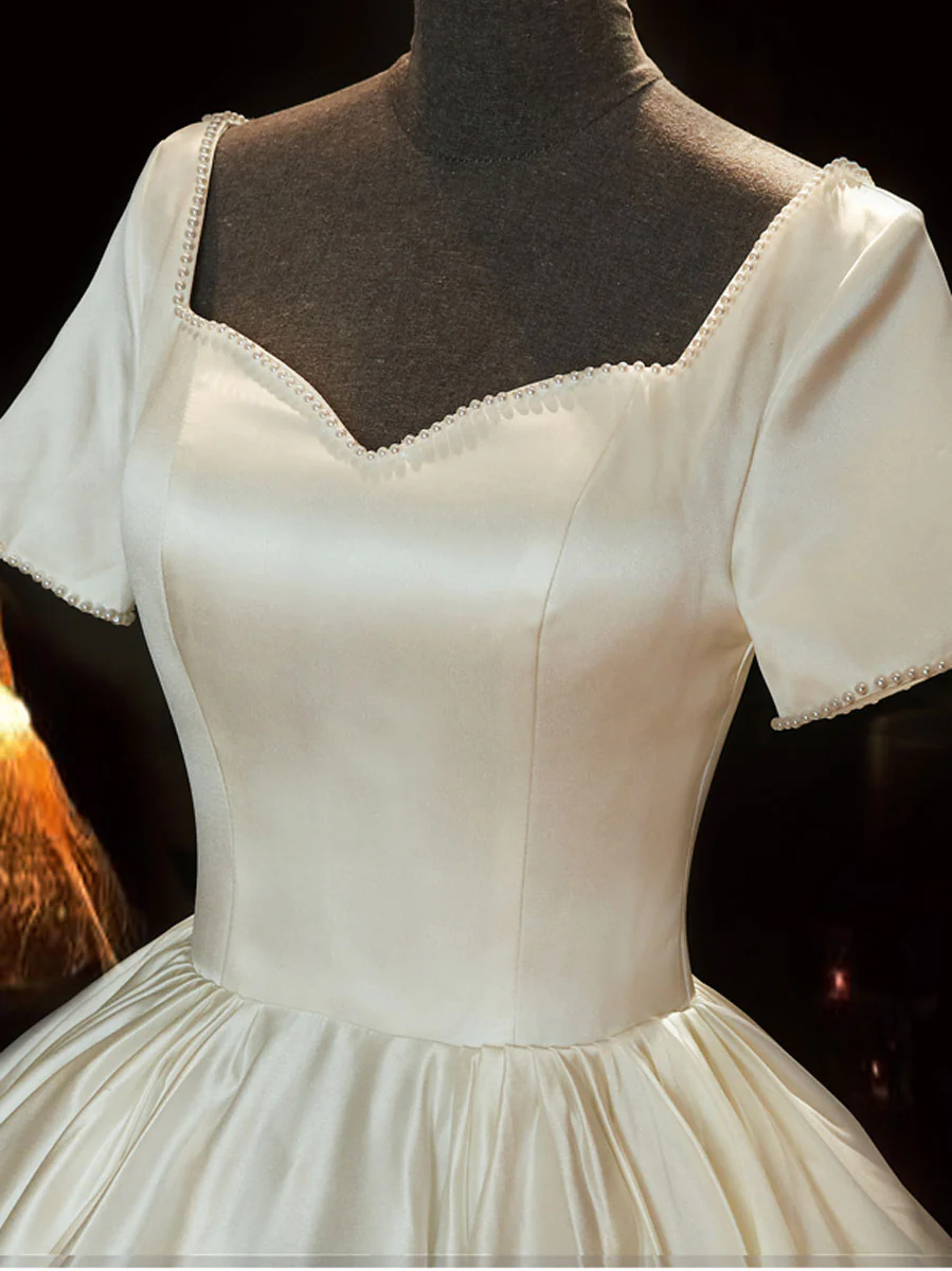White Sweetheart Satin Long Bridal Dress White Wedding Dress - Deanwangkt