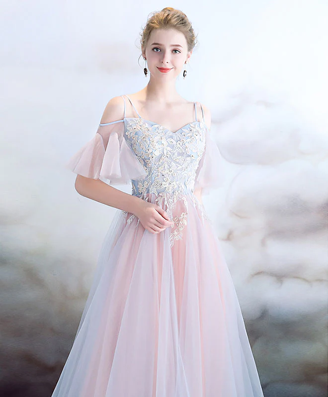 Elegant Light Pink Tulle Long Prom Dress, Pink Evening Dress - Deanwangkt