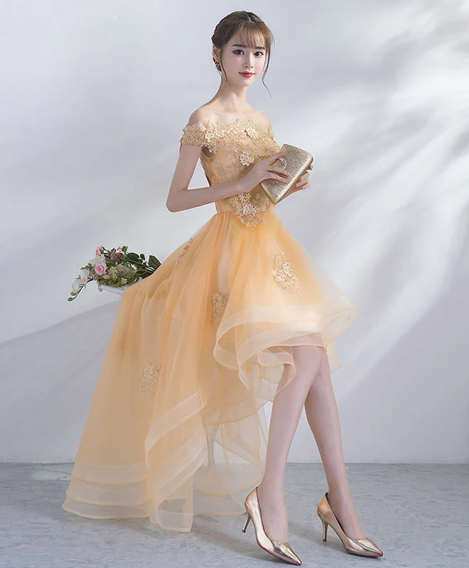 Champagne Tulle Lace Short Prom Dress, Champagne Homecoming Dresses - Deanwangkt