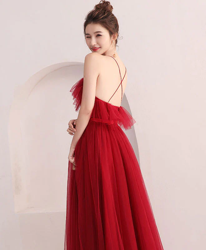Burgundy Tulle Long Prom Dress, Evening Dress - Deanwangkt