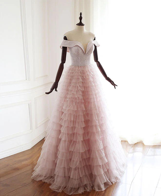 Pink Sweetheart Off Shoulder Tulle Long Prom Dress Pink Evening Dress - Deanwangkt