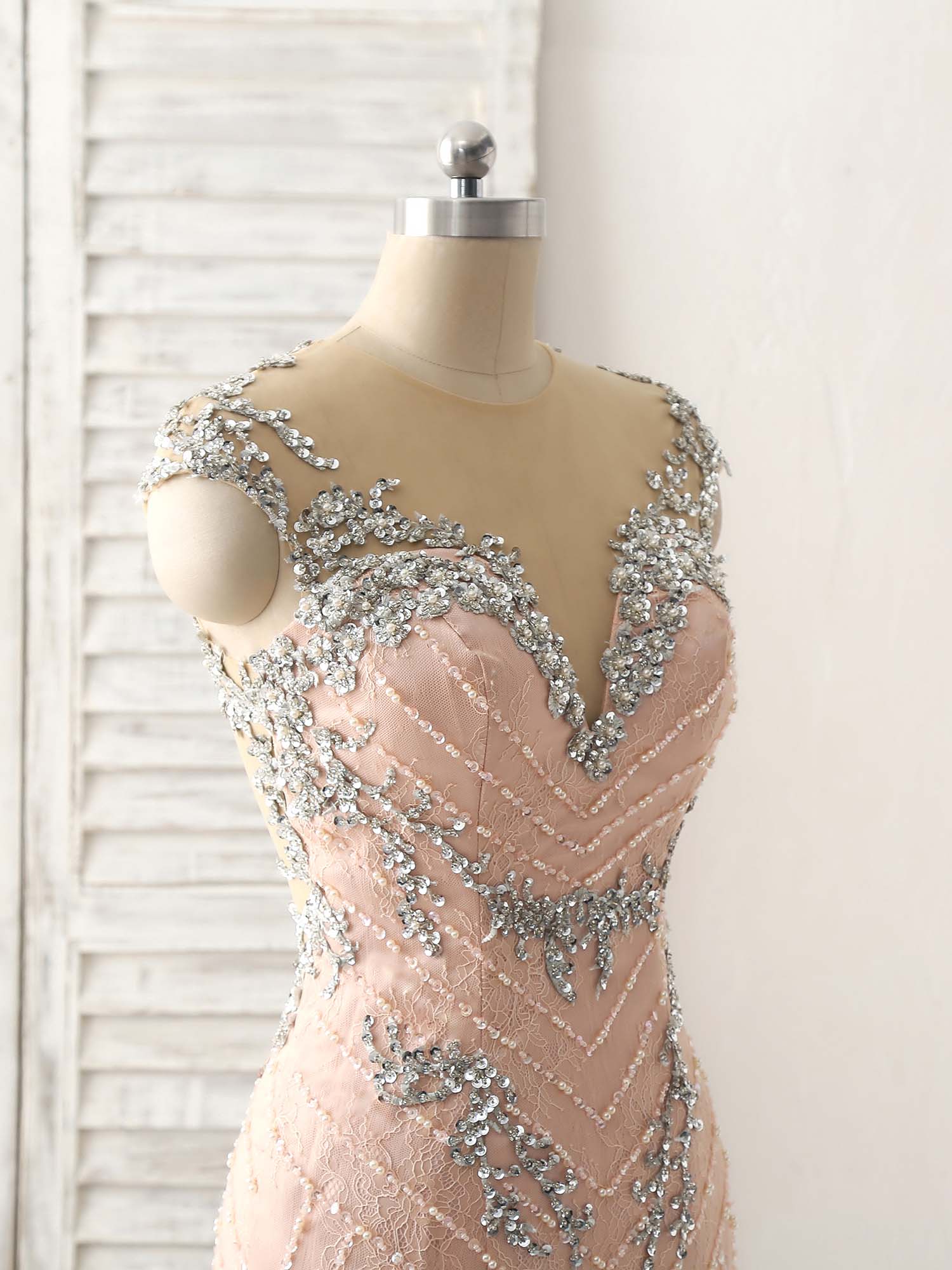 Pink Mermaid Sequin Beads Long Lace Prom Dresses, Pink Evening Dresses - Deanwangkt