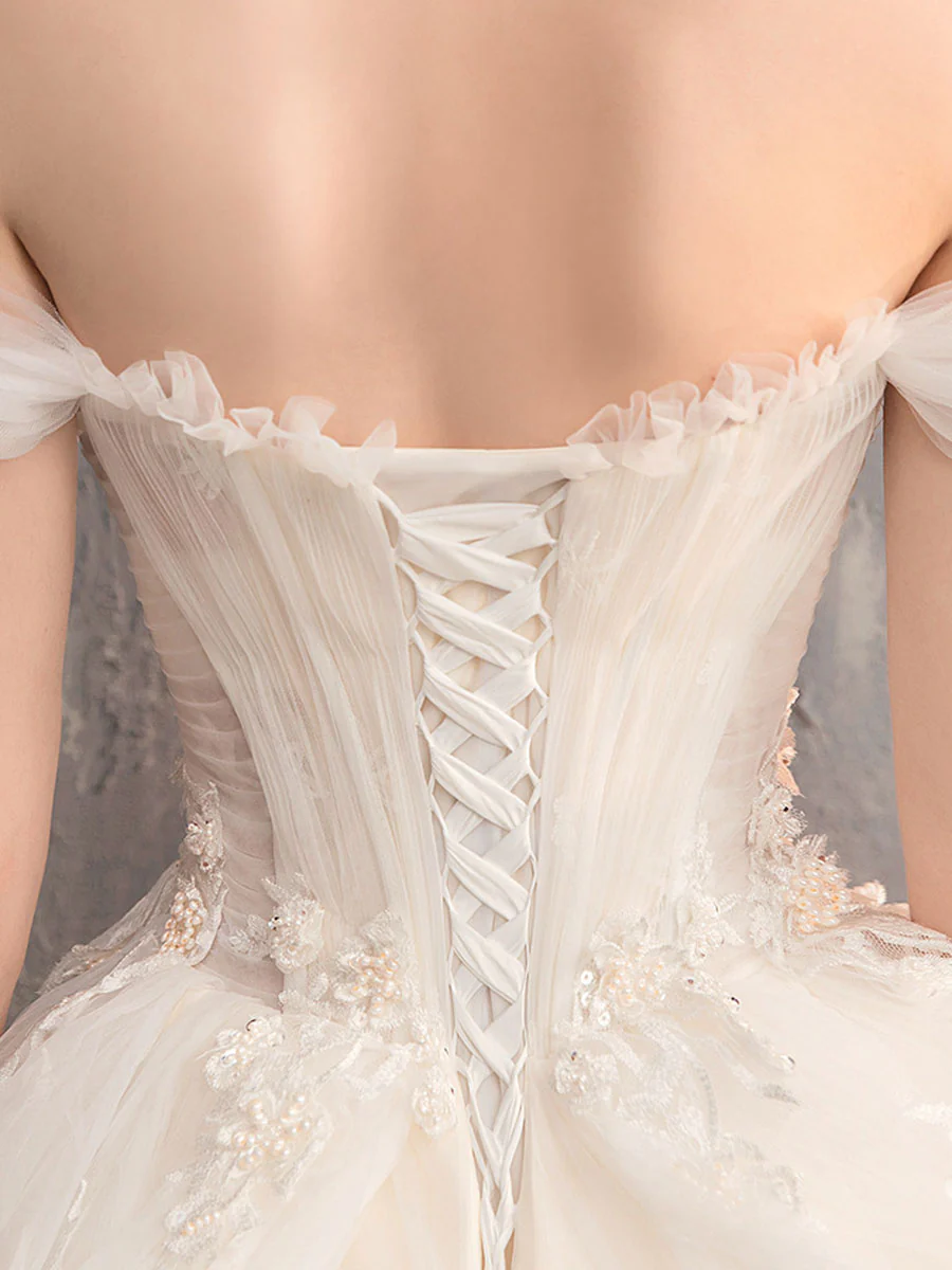 Champagne Sweetheart Neck Lace Long Wedding Dress Off Shoulder Wedding Gown - Deanwangkt