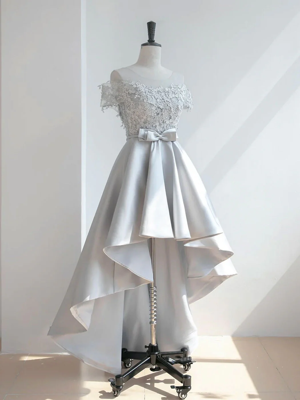 A-Line Scoop Neckline Lace Gray Prom Dress, High Low Style Satin Formal Dresses - Deanwangkt