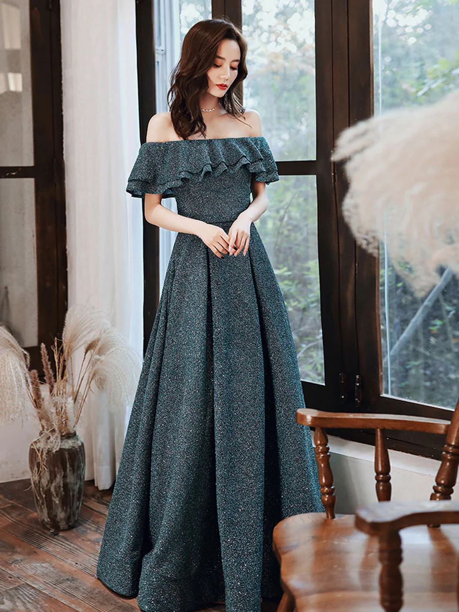 Simple Green Off Shoulder Long Prom Dress, Green Formal Graduation Dresses - Deanwangkt