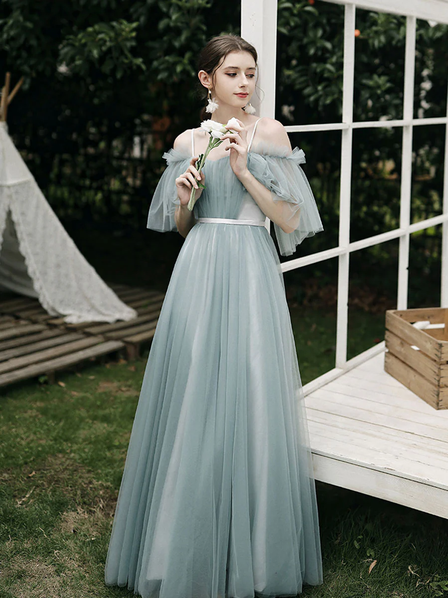 Simple A line Green Tulle Long Prom Dress, Green Tulle Bridesmaid Dresses - Deanwangkt