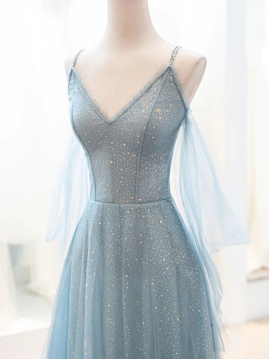 Gray Blue V Neck Tulle Sequin Long Prom Dress, Blue Evening Dress - Deanwangkt