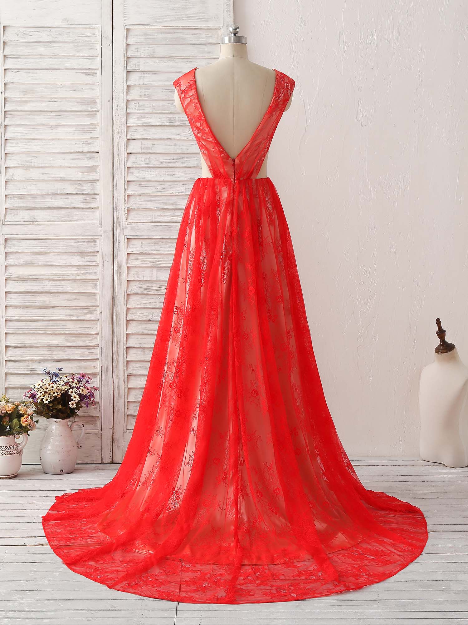 Red V Neck Lace Long Prom Dress, Lace Evening Dress - Deanwangkt