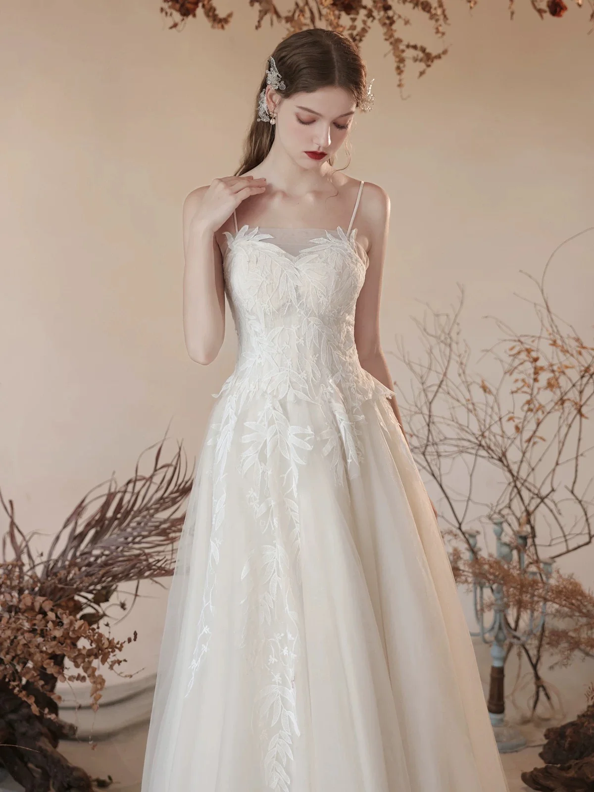 A-Line Tulle Lace Tea Length White Prom Dress, White Long Formal Dreess - Deanwangkt