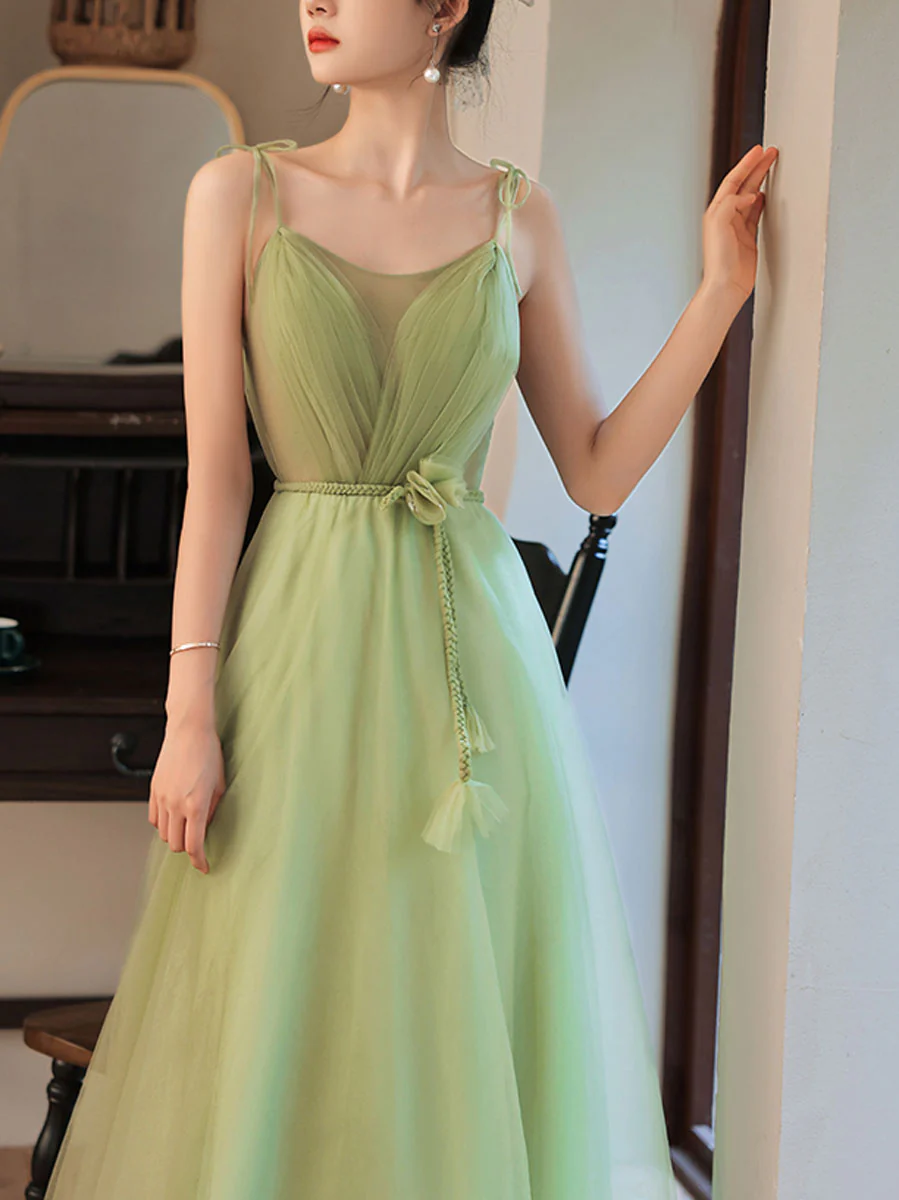 Simple Green Tulle Long Prom Dress, Green Bridesmaid Dresses - Deanwangkt