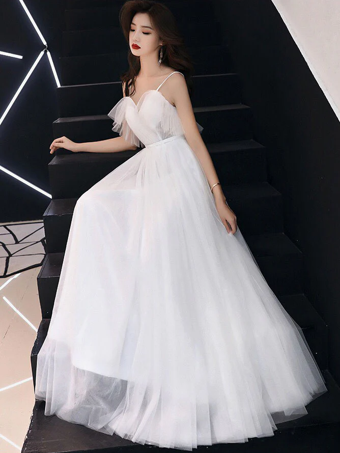 Simple White Sweetheart Neck Tulle Long Prom Dress, White Tulle Formal Dress - Deanwangkt