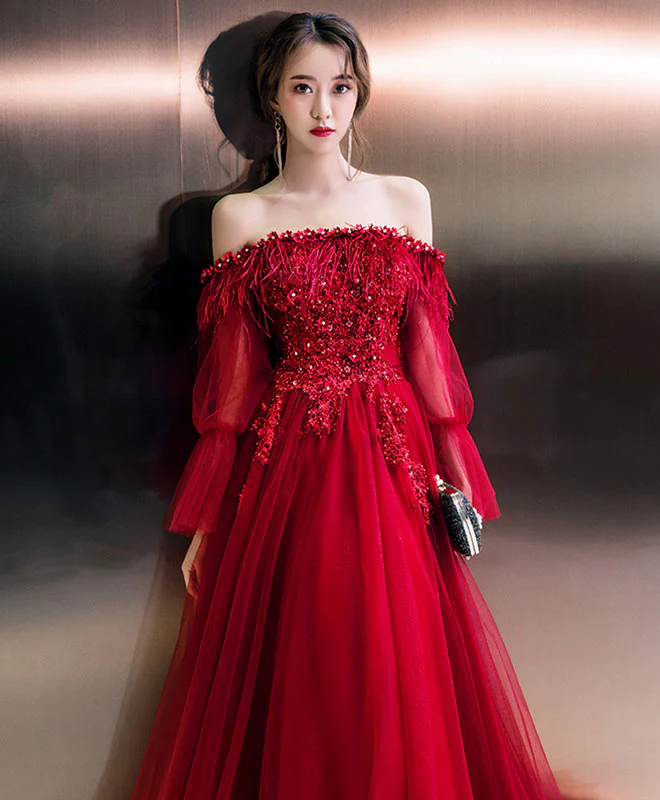Burgundy Tulle Long Prom Dress, Burgundy Tulle Formal Dress - Deanwangkt