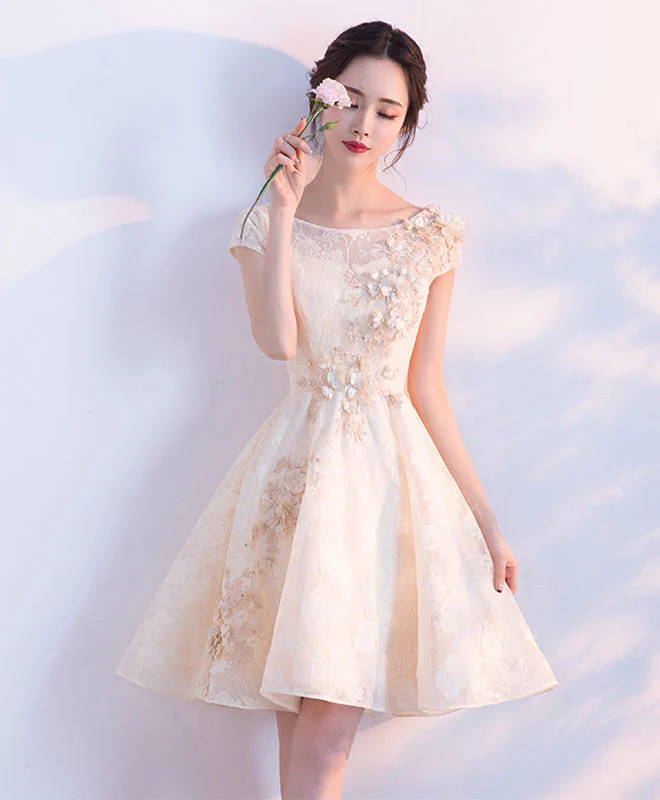 Champagne A-Line Tulle Lace Short Prom Dresses, Champagne Homecoming Dresses - Deanwangkt