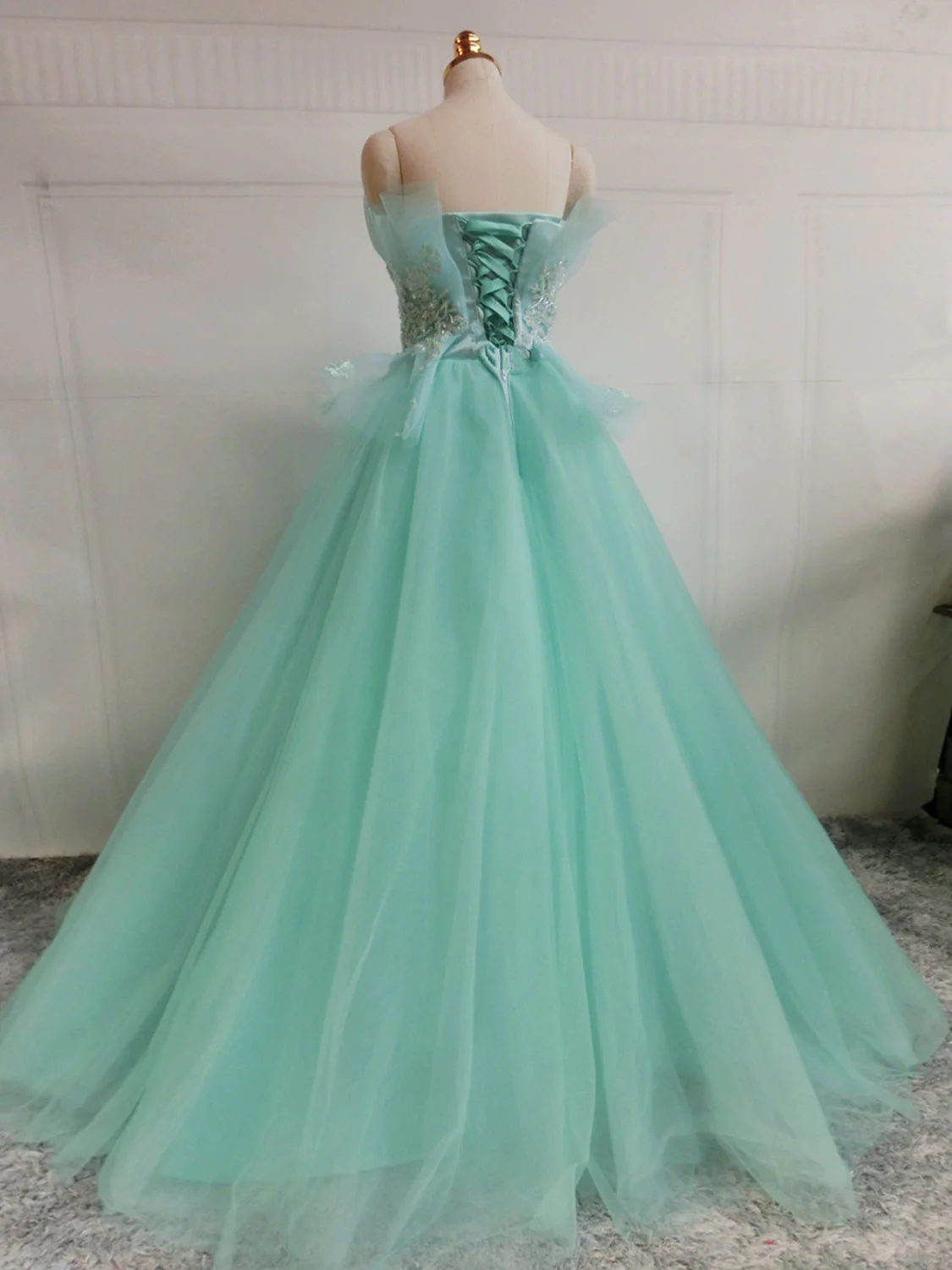 Green  A-Line Tulle Lace Long Prom Dress, Green Sweet 16 Dress - Deanwangkt