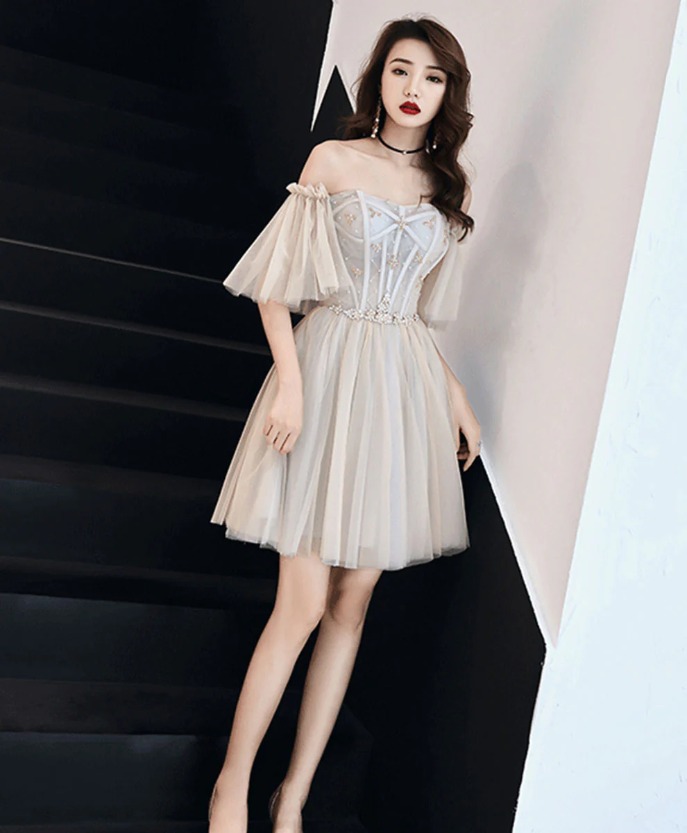 Champagne Tulle Beads Short Prom Dress Tulle Formal Dress - Deanwangkt