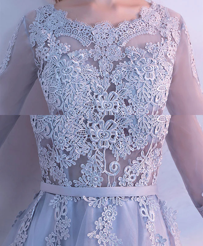 Gray Lace Tulle High Low Prom Dress, Gray Bridesmaid Dress - Deanwangkt