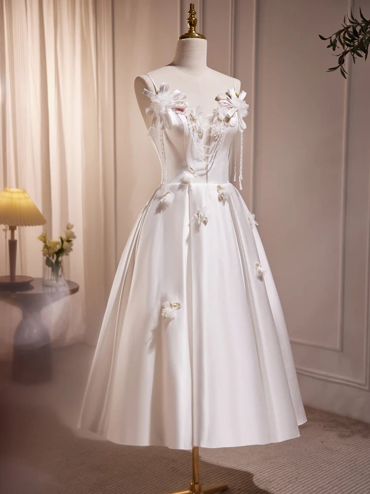 White V Neck Satin Tea Length Prom Dress, White Formal Dress With Beading - Deanwangkt